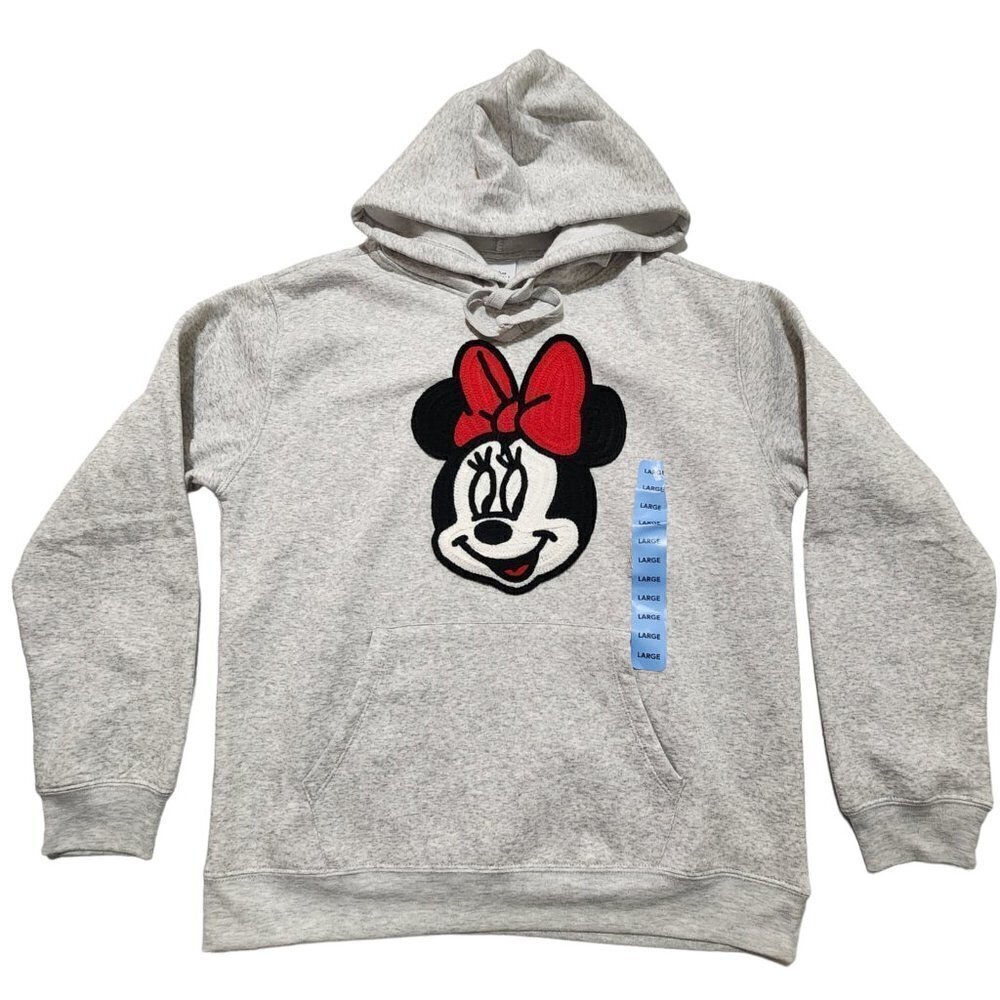 Disney Womens Mini Mouse Hoodie Fleece Pullover Embroidery Logo Gray Large